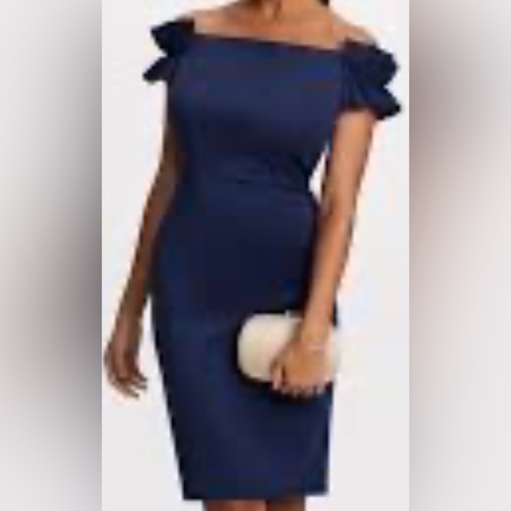 SLNY Size 12 Elegant Navy Off-Shoulder Midi Dress. NWT!
